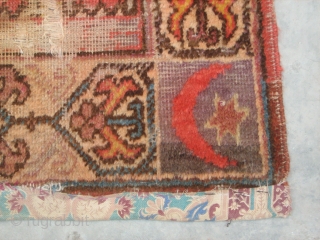 Antique Khotan prayer rug early 20th century . four crecents at the corners. mosque desing in the centre. worn at some places. size 2' x4'.
Any offers welcome regarding price.
Free worldwide shipping.  