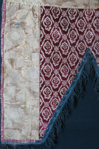 Azerbaijan - Baku Niche curtain, velvet chatma center and brocade sides with silk tassel. Plain indigo dyed cotton backing. Left side brocade has no stain- darkness is from the light not hitting  ...