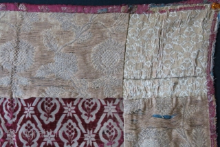 Azerbaijan - Baku Niche curtain, velvet chatma center and brocade sides with silk tassel. Plain indigo dyed cotton backing. Left side brocade has no stain- darkness is from the light not hitting  ...