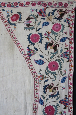 Tajikistan antique suzane, as seen on images, it has old patch form the days used for praying.. It is rare to see used ones..great colors, embroidered on hand loomed cotton and natural  ...