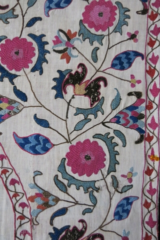 Tajikistan antique suzane, as seen on images, it has old patch form the days used for praying.. It is rare to see used ones..great colors, embroidered on hand loomed cotton and natural  ...