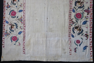 Tajikistan antique suzane, as seen on images, it has old patch form the days used for praying.. It is rare to see used ones..great colors, embroidered on hand loomed cotton and natural  ...