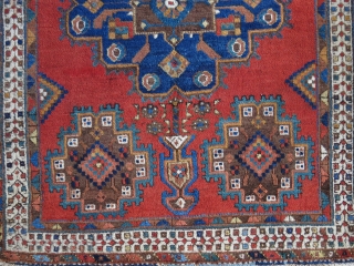 Antique Afshar rug with great colors, wool and 2 - 1 - 2 format in semi-minimalist/ bold drawing concept, some brown and couple spot repairs, overall has still good pile. Madder dyed  ...