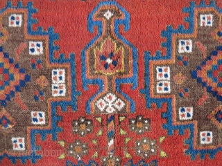 Antique Afshar rug with great colors, wool and 2 - 1 - 2 format in semi-minimalist/ bold drawing concept, some brown and couple spot repairs, overall has still good pile. Madder dyed  ...