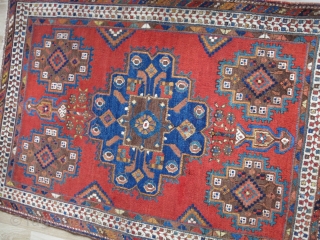 Antique Afshar rug with great colors, wool and 2 - 1 - 2 format in semi-minimalist/ bold drawing concept, some brown and couple spot repairs, overall has still good pile. Madder dyed  ...