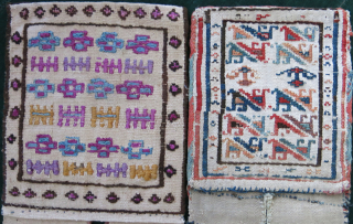Shahsavan mini double bags. larger one has silk weave on warpface background.smaller one wool weave on warpface background. natural colors great conditions for their age circa 1900s or earlier. Minor touches in  ...