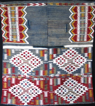 Syria Kilim saddle cover wool, cooton and metallic weave. Little repairs on upper slits. Circa 1920 -1940s Size : 42" X 36 " - 107 cm x 91 cm vedatkaradag@gmail.com   