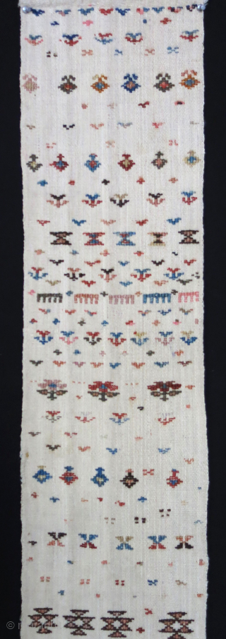 Mogan Shahsavan bedding pile cover fragment panel. 74" X 11 " 190xm X 28 cm extra eft weave over warpfaced woven panel. Natural colors Circa 1900s or earlier. vedatKaradag@gmail.com    