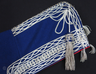 Balkan Possibly Greek or Macedonia Child cape silver metallic emrboidery on wool broadcloth.
Size: 32" X 25" - 82cm X 66 cm Circa ; 1930-40s. vedatkaradag@gmail.com  
      