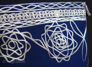 Balkan Possibly Greek or Macedonia Child cape silver metallic emrboidery on wool broadcloth.
Size: 32" X 25" - 82cm X 66 cm Circa ; 1930-40s. vedatkaradag@gmail.com  
      