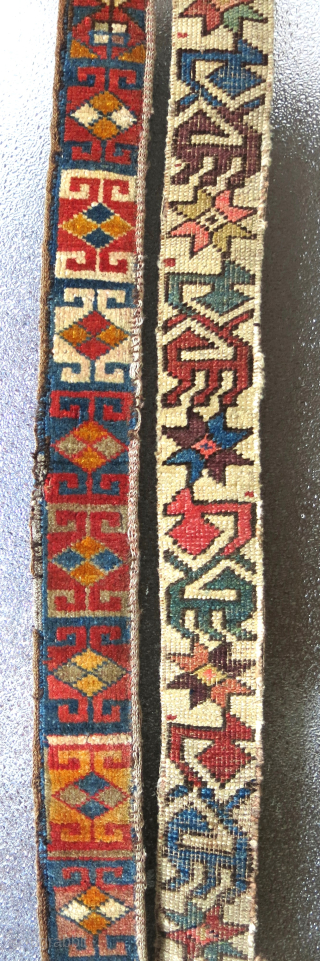Caucasus and Middle Amudarya pile fragments, what is seen is what is left. Amudarya is a left over part form a pile tent band. Caucasus one on the right is probably border  ...