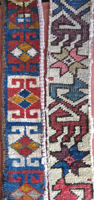 Caucasus and Middle Amudarya pile fragments, what is seen is what is left. Amudarya is a left over part form a pile tent band. Caucasus one on the right is probably border  ...