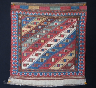 Transcaucasus shahsavan sumak bag face.. several corroded brown repairs and few tiny spot wears.. Overall, it is in great condition with natural colos. Circa mid 19th Cent. 
size : 20" X 8"  ...
