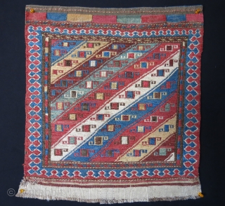 Transcaucasus shahsavan sumak bag face.. several corroded brown repairs and few tiny spot wears.. Overall, it is in great condition with natural colos. Circa mid 19th Cent. 
size : 20" X 8"  ...