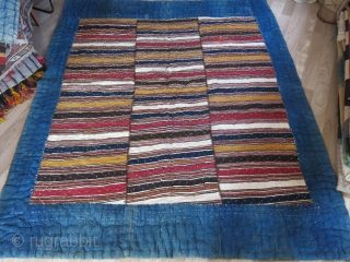Shahsavan tribal blanket with mazenderan kilim top and indigo dyed cotton under cover. Great condition, just washed and cleaned professionally. Size: 84" X 66" - 215 cm X 168 cm   