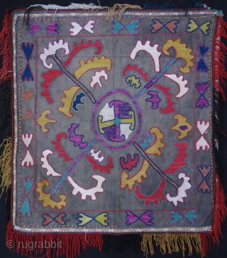Tajikistan Lakai mirror cover, silk embroidery with traditional natural colors and zoomorphic drawing. Plane cotton backing, replaced on the way. Circa 1900 or earlier.. Size : 30" X 27" - 76 CM  ...