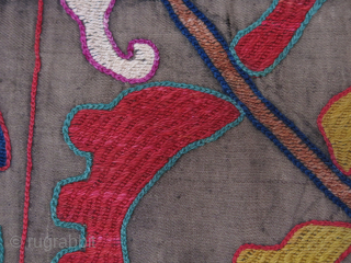 Tajikistan Lakai mirror cover, silk embroidery with traditional natural colors and zoomorphic drawing. Plane cotton backing, replaced on the way. Circa 1900 or earlier.. Size : 30" X 27" - 76 CM  ...