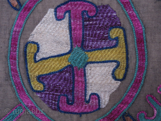 Tajikistan Lakai mirror cover, silk embroidery with traditional natural colors and zoomorphic drawing. Plane cotton backing, replaced on the way. Circa 1900 or earlier.. Size : 30" X 27" - 76 CM  ...