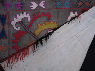Tajikistan Lakai mirror cover, silk embroidery with traditional natural colors and zoomorphic drawing. Plane cotton backing, replaced on the way. Circa 1900 or earlier.. Size : 30" X 27" - 76 CM  ...