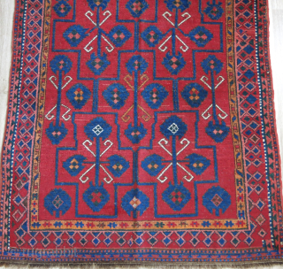 Kirgiz main rug with saturated colors both ends restored for 3 rows of knots. Minor touches. Still has pile and strong condition. Circa 1900 or earlier size 97" X 45" - 245  ...