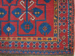 Kirgiz main rug with saturated colors both ends restored for 3 rows of knots. Minor touches. Still has pile and strong condition. Circa 1900 or earlier size 97" X 45" - 245  ...