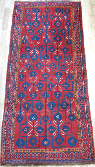 Kirgiz main rug with saturated colors both ends restored for 3 rows of knots. Minor touches. Still has pile and strong condition. Circa 1900 or earlier size 97" X 45" - 245  ...