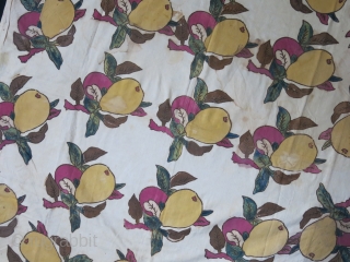 Anatolian printed and painted blockprint Bokhca. Most probably they are pear fruits. some stains seen in images however it is still fun to look at them. Lined with plain fine cotton. Circa  ...