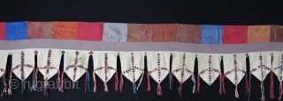 Turkmen yurt tent talisman patchwork, made of silk and cotton fabrics with broadcloth ornaments. Circa : 1940 - 1950s size 104" X 14" - 256 cm X 36cm vedatkaradag@gmail.com    