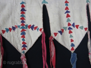 Turkmen yurt tent talisman patchwork, made of silk and cotton fabrics with broadcloth ornaments. Circa : 1940 - 1950s size 104" X 14" - 256 cm X 36cm vedatkaradag@gmail.com    