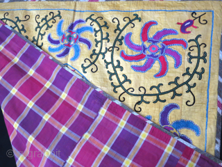 Shahrisabz Prayer nim suzani, emrboidery on Adras ikat, saturated colors 19th cent. size : 55" X 40" - 140 cm X 102 cm vedatkaradag@gmail.com         