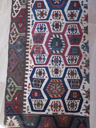 Central Anatolian half panel long Kilim. Wool and cotton mixture weave background. saturated natural colors.. Good condition circa mid 19th or earlier size, 147" X 27" - 375 cm X 69 cm  ...