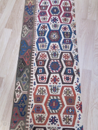 Central Anatolian half panel long Kilim. Wool and cotton mixture weave background. saturated natural colors.. Good condition circa mid 19th or earlier size, 147" X 27" - 375 cm X 69 cm  ...