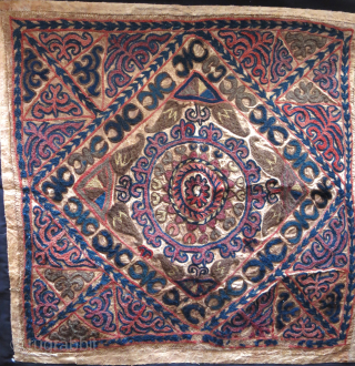 Kırgiz talisman hanging wool emrboidery on leather with traditional motifs, circa 1900 or earlier. Size 20 X 21 inch 53 cm X 51 cm vedatkaradag@gmail.com        