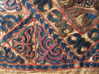 Kırgiz talisman hanging wool emrboidery on leather with traditional motifs, circa 1900 or earlier. Size 20 X 21 inch 53 cm X 51 cm vedatkaradag@gmail.com        
