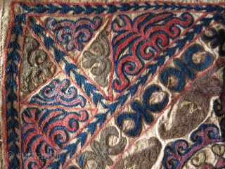 Kırgiz talisman hanging wool emrboidery on leather with traditional motifs, circa 1900 or earlier. Size 20 X 21 inch 53 cm X 51 cm vedatkaradag@gmail.com        