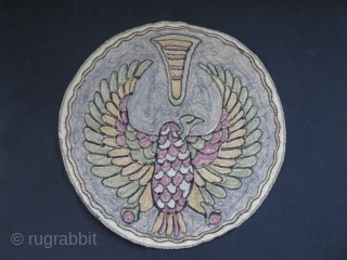 Anatolia - Edirne, silk and fine metallic embroidery, Christian style with Eastern Roman - Byzantine eagle holding the globe. Plain cotton backing. Circa: 1900 -1920s. Size: 15" in diameter    
