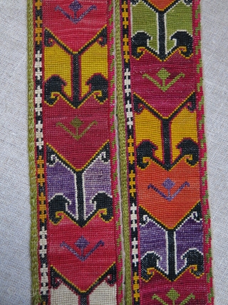 Uzbekistan Lakai cross stitch silk emrboidery pair of belts, overall great condition, no corrosion etc. circa 1920s size: 44" X almost 2.5" --111 cm X 6.5 cm      