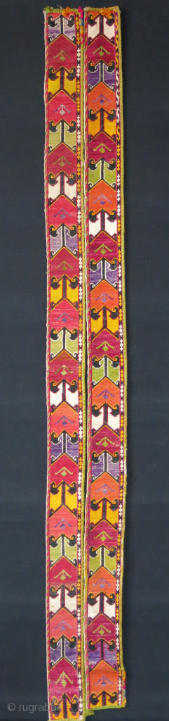 Uzbekistan Lakai cross stitch silk emrboidery pair of belts, overall great condition, no corrosion etc. circa 1920s size: 44" X almost 2.5" --111 cm X 6.5 cm      