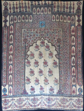 India Qalamkhari printed and painted prayer hanging, prited paisley cotton with black cotton framing. Size : 45" X 32 " - 115 cm X 82 cm       
