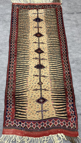 Very rare Khurdish Qochan sofra ground is camel wool, It has not been used and has been stored in a special place. size 220x100cm         