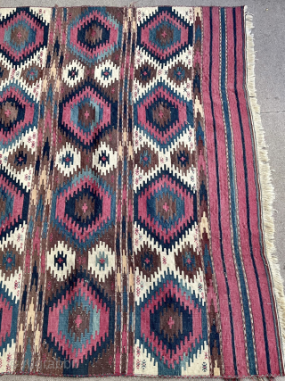 This is a Turkmen Yomud kilim but the pattern is Borchali Caucasian. It resulted in a unique different design.              
