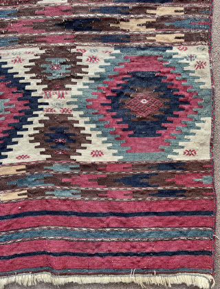 This is a Turkmen Yomud kilim but the pattern is Borchali Caucasian. It resulted in a unique different design.              
