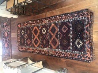 19th c anatolian Yoruk long rug 3'5" X 8'7"
rich color, full silky soft pile. no holes or stains. goat hair warp, original kilim end, and selvedges but 8" of selvedge with 2  ...