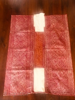 19th c 3  pieced  fez embroidery, silk on linen. 32x35". good condition. two shades of red
Colors still vibrant. 2" area of jagged tear with silk preserved.     