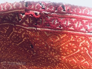 19th c 3  pieced  fez embroidery, silk on linen. 32x35". good condition. two shades of red
Colors still vibrant. 2" area of jagged tear with silk preserved.     