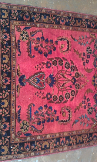 Circa 1900 Fereghan Sarouk measures 3’3” by 4’10”. It is a beautiful very pure red with which seems to radiate out into the rug. It has a lovely floral pattern which comprises  ...
