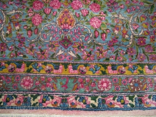 Persian Kerman nice wool Pink, Blue, Yellow synthetic colors 
12X19.6 
Franco Oriental Rugs 
                   