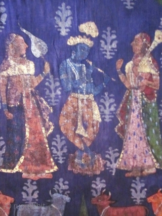 EARLY PITCHWAI or Indian religious painted Hanging.Late 18c or early 19c
from Rajasthan or Deccan for the indian market. Krishna playing flute under a moon is surrounded by eight gopis with fans, parasols  ...