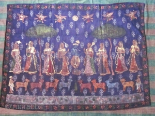 EARLY PITCHWAI or Indian religious painted Hanging.Late 18c or early 19c
from Rajasthan or Deccan for the indian market. Krishna playing flute under a moon is surrounded by eight gopis with fans, parasols  ...