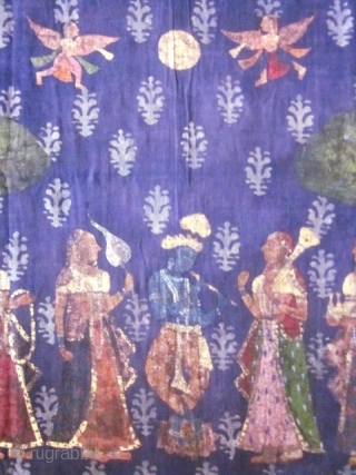 EARLY PITCHWAI or Indian religious painted Hanging.Late 18c or early 19c
from Rajasthan or Deccan for the indian market. Krishna playing flute under a moon is surrounded by eight gopis with fans, parasols  ...